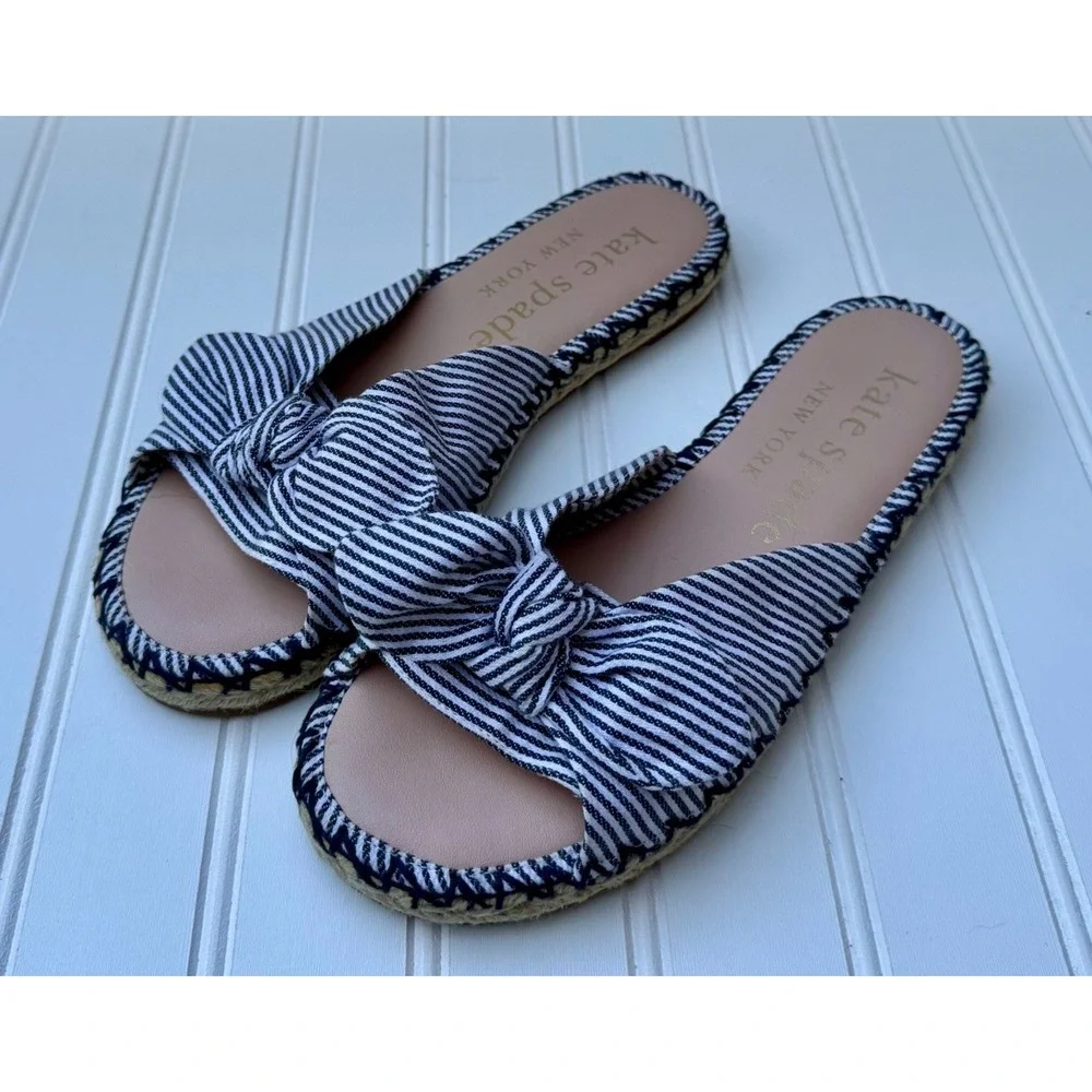 Kate Spade Saltie Shore Navy White Striped Bow Espadrille Slide Sandals 7B